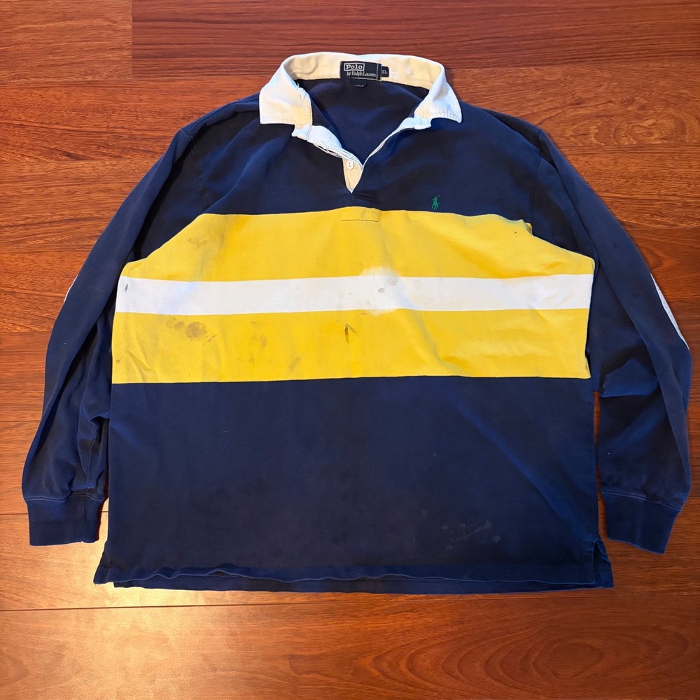 Polo Ralph Lauren Mens Rugby Shirt XL Navy Blue Yellow Stripe Long Sleeve Cotton